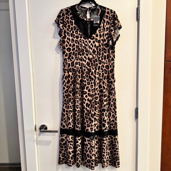 New Torrid Leopard Midi Dress Brown Black Lace Back Button Short Sleeve Sz 1X - Picture 1 of 8